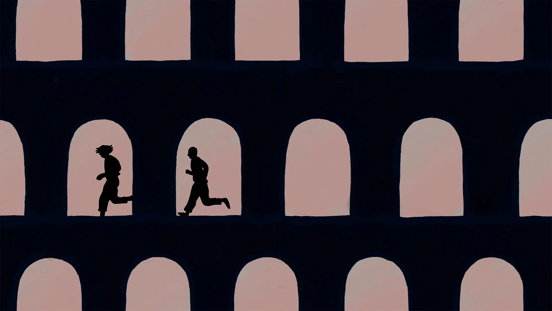 Silhouettes running through arches